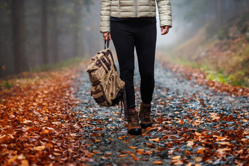 Wall Mural - woman with backpack and hiking boot walking on trail in autumn forest