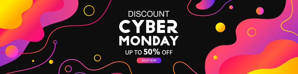 Wall Mural - Cyber Monday sale discount promotion banner, poster. Modern background with abstract flowing elements and dynamic geometric shapes. Final sale up to 50% off. Banner template, vector illustration  