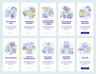 Wall Mural - buying home onboarding mobile app screen set. real estate guide walkthrough 5 steps editable graphic
