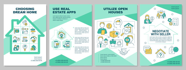 Choosing dream house brochure template. Home purchase tips. Leaflet design with linear icons. Editable 4 vector layouts for presentation, annual reports. Arial-Black, Myriad Pro-Regular fonts used