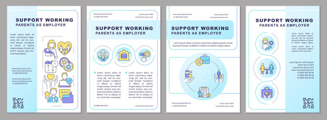 Wall Mural - Support working parents blue brochure template. Family-friendly. Leaflet design with linear icons. Editable 4 vector layouts for presentation, annual reports. Arial, Myriad Pro-Regular fonts used