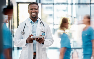 Poster - Black man, doctor and healthcare, hospital and tablet for communication with technology and digital medical information. Health insurance, professional and smile in portrait, stethoscope at clinic.