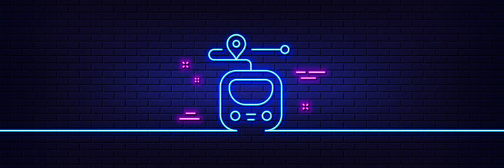 Neon light glow effect. Metro line icon. Subway journey path sign. Underground train location symbol. 3d line neon glow icon. Brick wall banner. Metro outline. Vector