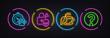 Cyber Attack, Dog Competition And Mint Tea Minimal Line Icons. Neon Laser 3d Lights. Question Mark Icons. For Web, Application, Printing. Data Hacking, Pets Activities, Mentha Beverage. Vector
