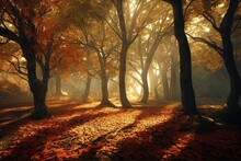 AI-generated Landscape Of The Autumn Forest At Sunrise