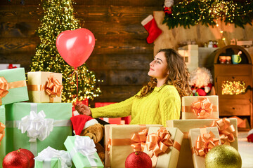 happy valentines day. girl got heart balloon from valentine. love and joy. happy woman at christmas present box and gifts. february 14 favorite winter holiday. surprise with love