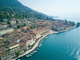 Fototapeta Miasto - Aerial video shooting with drone on Salò, famous Lombardia city on the Garda Lake