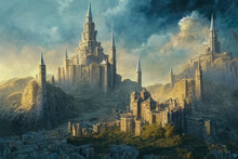 Fantasy Medieval Fortress With A Town Below. Large Antique, Middle Ages Castle In The Sunlight. Scenic Dark Ages City Concept Art. Cinematic Castle Fort  With A Historic City Below.