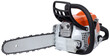 Modern new motor chain saw front side view isolated