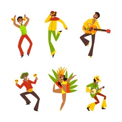 Poster - Brazilian Samba Woman Dancer in Bright Feathered Costume and Man Musician Vector Set