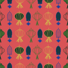 Orange Lanterns In Rows Seamless Pattern Background.  Perfect For Fabric, Scrapbooking, Quilting, Wallpaper And Many More Projects.