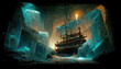 AI generated image of an ancient Spanish galleon laden with treasures hidden in an icy cave