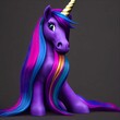 AI-generated illustration of a unicorn with colorful hair on a plain grey background