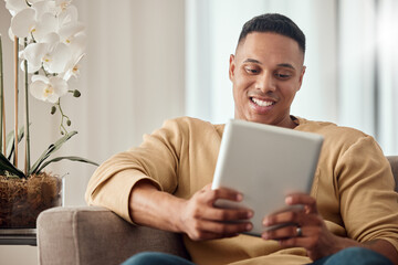 Sticker - Tablet, sofa and black man relax with website information, subscription service or surfing social media app in home living room. Happy man with home technology reading ebook on a digital application