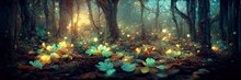 Fantasy Leaf Forest Floor, Trees, Nature, Green, Light. Forest Landscape. Digital Illustration