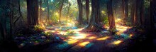 Fantasy Sunlight Forest Floor, Trees, Nature, Green, Light. Forest Landscape. Digital Illustration