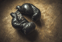 Vintage Boxing Gloves Made Of Leather On A Wooden Table. The History Of The Boxer. An Old Boxing Match.