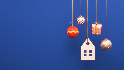 Canvas Print - 3D Rendering Of Christmas Balls With Gift Box, House Hang On Blue Background And Copy Space.