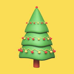 Canvas Print - 3D Rendering Golden And Red Bauble Garland Decorated Christmas Tree On Yellow Background.