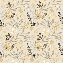 Seamless Simple Monochrome Pattern. Yellow, Brown Flowers And Leaves On A Beige Background.
