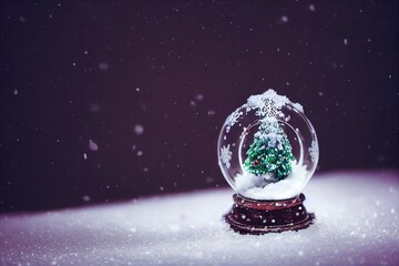 Canvas Print - Merry Christmas snow globe with fri trees on winter snowfall background. 