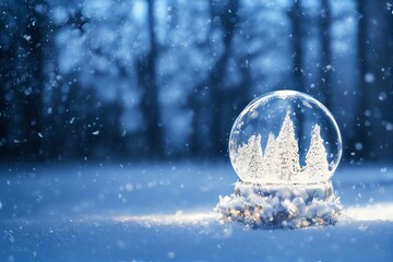 Canvas Print - Merry Christmas snow globe with fri trees on winter snowfall background. 