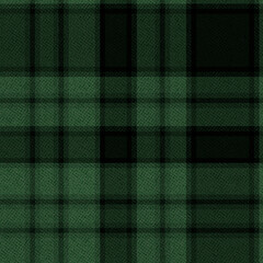 Seamless classic textured tartan plaid. Dark green background.