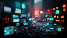 Сoncept Of Virtual Environment And Cyberspace Set Of Glowing Screens And Network Equipment Workplace Of Hacker Or Programmer Blurred Background In Cyberpunk Style. 3D Illustration. Ai Render.