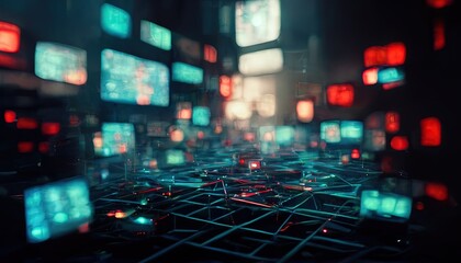 Сoncept of virtual environment and cyberspace set of glowing screens and network equipment workplace of hacker or programmer blurred background in cyberpunk style.  Ai generated.