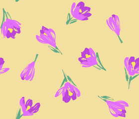 Wall Mural - Seamless pattern with  crocuses. Spring crocuses. Suitable as backdrop pattern on greetings cards, posters, banners invitations, print spring products.