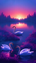 Swans In A Glowing Crystal Lake At Sunset.