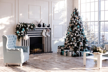 interior of bright living room decorated in christmas