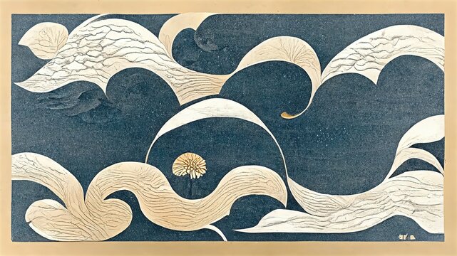 Wall Mural -  - Blue and white contemporary artistic Japanese style ukiyo-e, folding screen atmosphere, abstract, elegant, delicate, luxurious, retro dramatic graphic design elements