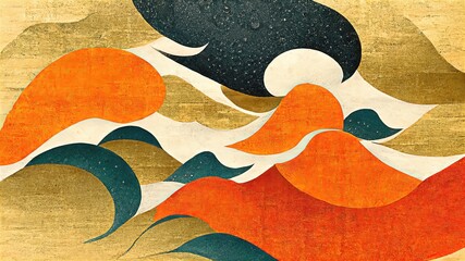 Contemporary artistic Japanese style ukiyoe with gold tones and orange curves, folding screen atmosphere, abstract, elegant, delicate, luxurious, retro dramatic graphic design elements.