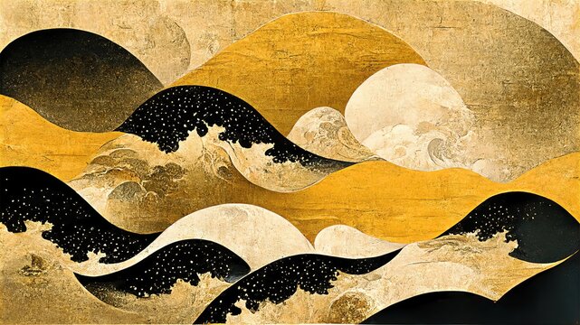 Wall Mural -  - White, black and gold contemporary artistic Japanese ukiyo-e, folding screen ambience, abstract, elegant, delicate and luxurious retro dramatic graphic design elements