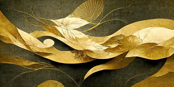 Wall Mural -  - Traditional gold contemporary Japanese style ukiyoe with fine detail, folding screen atmosphere, abstract, elegant, delicate, luxurious, retro dramatic graphic design elements.
