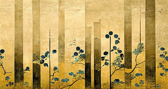 Wall Mural -  - Retro dramatic graphic design elements with golden bamboo forests, flower fields and plants, Japanese style ukiyoe, folding screen atmosphere, abstract, elegant, delicate and luxurious.
