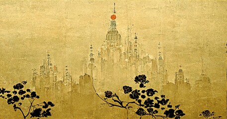 Wall Mural - Gold Sci-Fi style futuristic city with traditional, Japanese style ukiyoe, folding screen atmosphere, abstract, elegant, delicate and luxurious retro dramatic graphic design elements