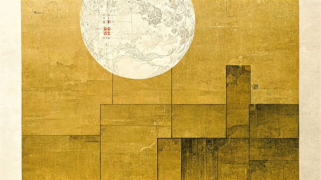Wall Mural -  - Contemporary art style rectangular shapes and circles, gold, Japanese ukiyoe, folding screen atmosphere, abstract, elegant, delicate, luxurious, retro dramatic graphic design elements