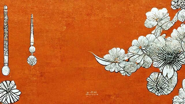Wall Mural -  - Orange and white flower-like shapes, flat Japanese ukiyo-e, folding screen atmosphere, abstract, elegant, delicate and luxurious retro dramatic graphic design elements
