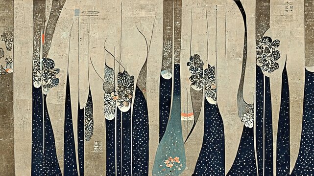 Wall Mural -  - The linear, flat Japanese folding screen atmosphere, retro and dramatic graphic design elements like Katsushika Hokusai, are abstract, elegant, delicate and luxurious.