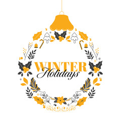 Canvas Print - Winter Holidays Lettering Over Bauble Shaped Xmas Wreath Hang On White Background.