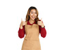 © Phushutter - Coffee shop SME owner excited brunette asian woman wearing sweater and apron isolated on white background, thumb up