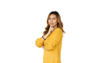 Sticker - Attractive positive young asian brunette woman in yellow sweater on white background.