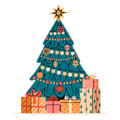 Wall Mural - Christmas tree with presents. Decorated pine with gift boxes, cartoon fir with light balls garlands star, merry xmas happy new year concept. Vector illustration