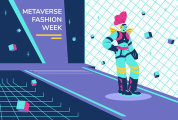 Metaverse fashion week show, flat vector illustration.