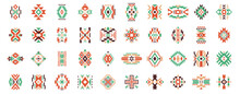 Aztec Ethnic Motif. Native American Geometric Pattern, Colored Mexican Tribal Art Elements For Logo Tattoo Fabric Design. Vector Isolated Set