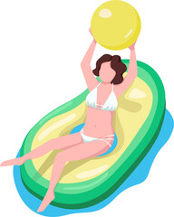 Wall Mural - Woman playing ball on water semi flat color raster character. Sitting figure. Full body person on white. Air mattress activity simple cartoon style illustration for web graphic design and animation