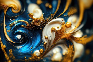 Luxurious golden fluid art with blue. Gold and blue waves, smooth lines and stains of liquid paint, acrylic art. Gold dust and gems, beauty background. 3D illustration.