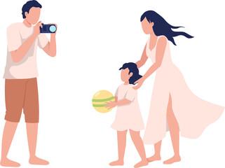 Canvas Print - Man taking picture of daughter and wife semi flat color raster characters. Full body people on white. Happy family simple cartoon style illustration for web graphic design and animation